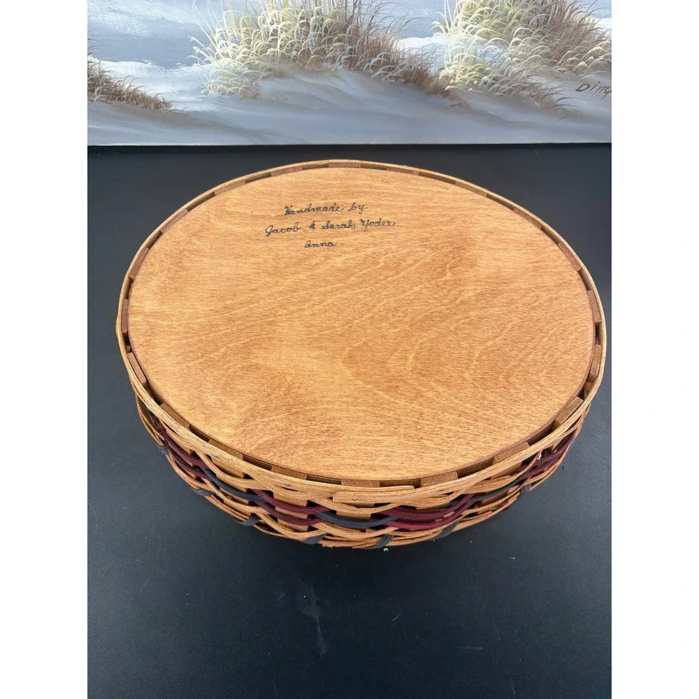 Handmade Jacob & Sarah Yoder Woven Splint Basket Oval Wood Base Blue Burgundy